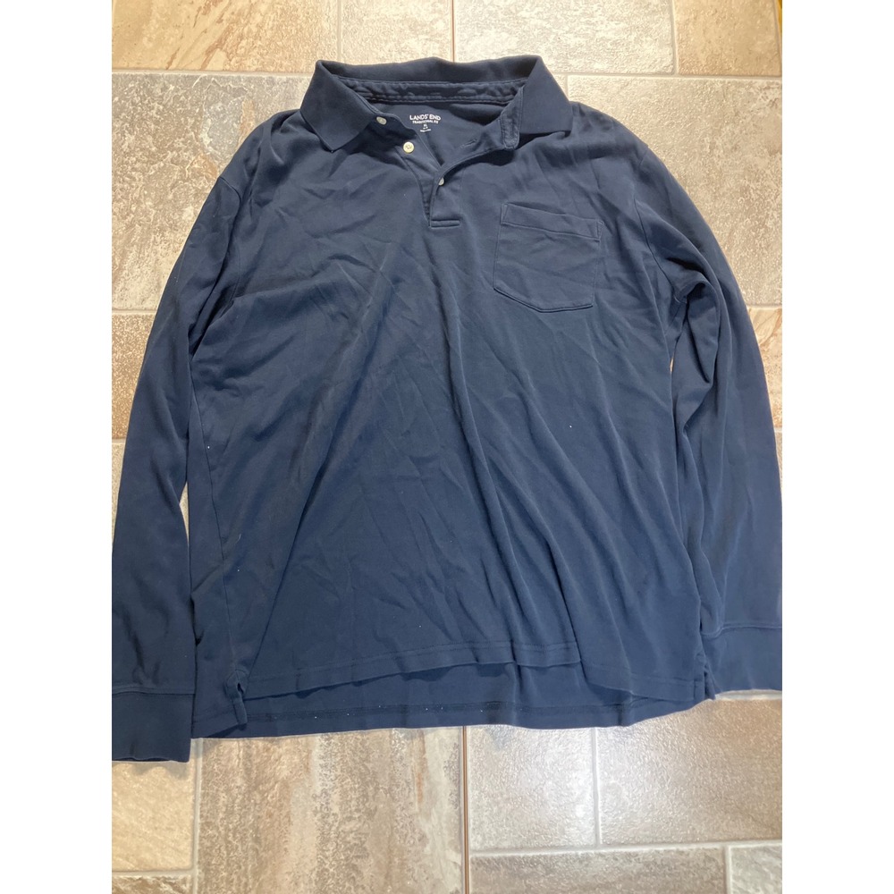 Lands End Mens Long Sleeve Polo‎ Shirt Traditional Fit Navy Blue XL
